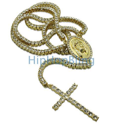 1 Row Iced Out Gold Rosary Necklace Bling