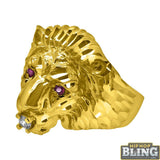 10K Yellow Gold Lion Head Ring with Red CZ Eyes