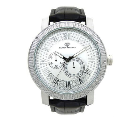 Weed Leaf Silver Black Leather Bling Bling Watch