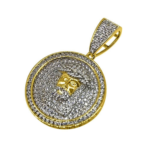 .925 Silver Bling Bling Mini Gold Jesus CZ Circle Pendant