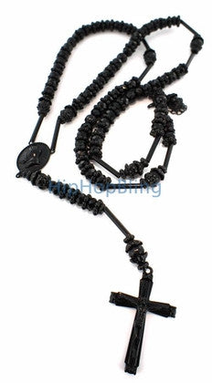 Black Wood Jesus Piece Link Rosary Necklace