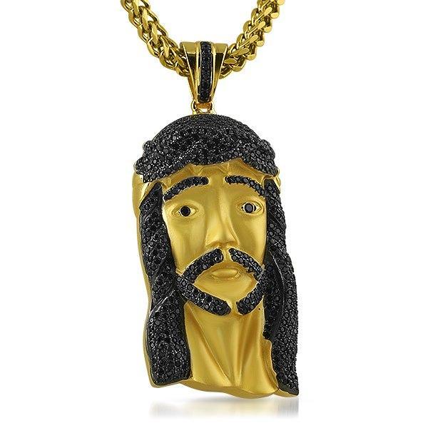 Large Gold Jesus Piece Pendant Black CZ
