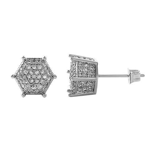 3D Pentagon Rhodium Bling CZ Earrings