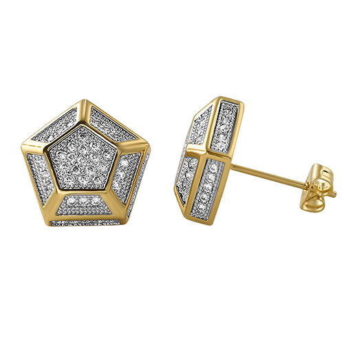 3D Pentagon Gold CZ Bling Bling Earrings