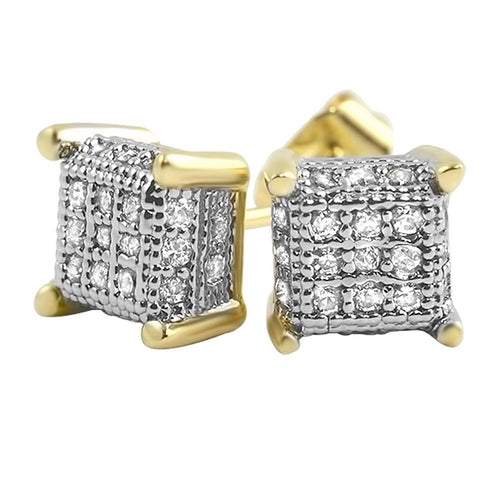 Small 3D Cube Gold CZ Micro Pave Iced Out Earrings