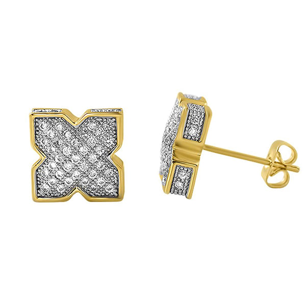 3D Pointed X Gold CZ Bling Bling Earrings