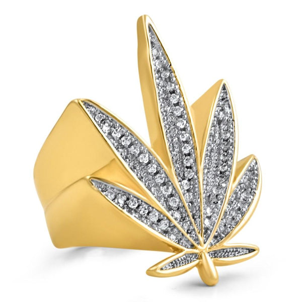 Marijuana Leaf 420 CZ Bling Bling Gold Ring