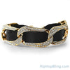 Gold Cuban Black Leather Bling Bling Bracelet