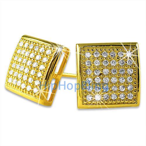 Large Puffed Box Gold Vermeil CZ Micro Pave Earrings .925 Silver