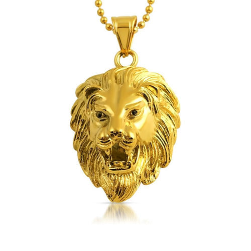 3D Lion Head Detailed Pendant Gold Steel