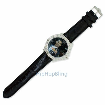 Custom Bezel Black Case Leather Bling Watch