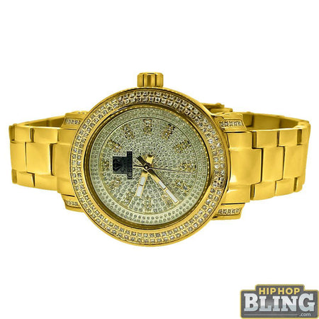 Gold 3 Rows Ice Under Glass Hip Hop Watch