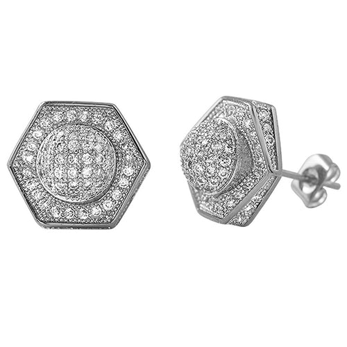 3D Domed Hexagon Rhodium CZ Hip Hop Earrings