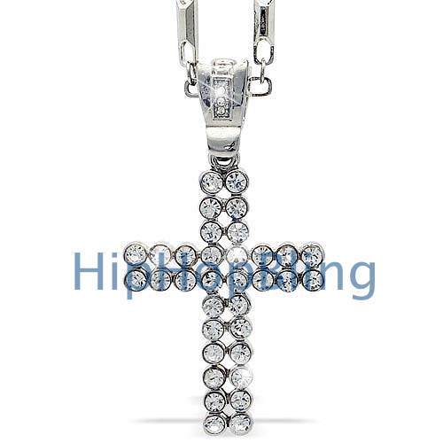 2 Row Ultra Ballers Cross Iced out Pendant 30" Chain Bling * Platinum Line *