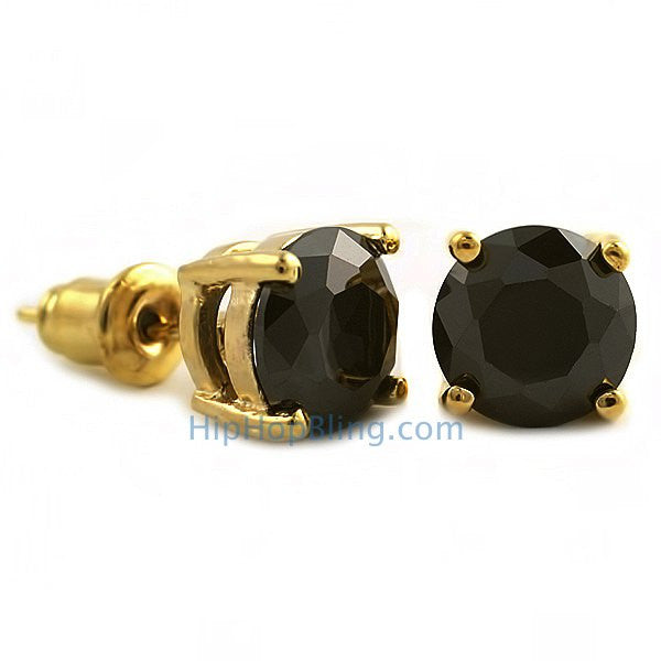 Black CZ Diamond Round Stud Earrings Gold