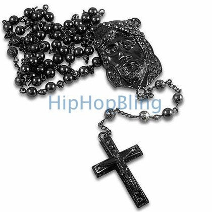 Black Raw Ice Silver Bling Bling Rosary Necklace