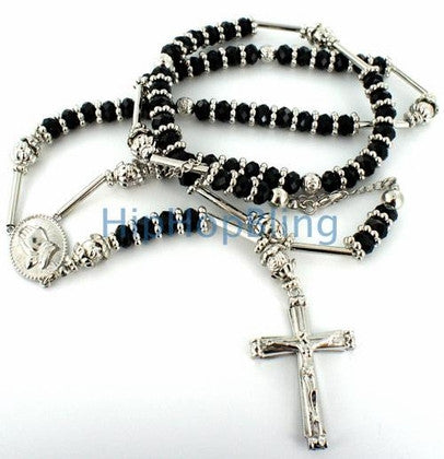 Silver Crystal Beaded Rosary Necklace