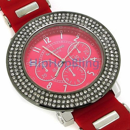 Black White Ice Bezel 3 Row Red Dial Band Watch
