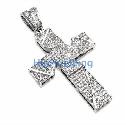 Rhodium Concave Bling Bling Cross & Chain Small