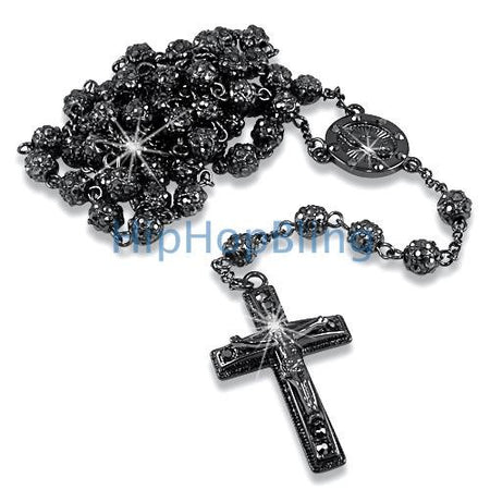 Gold Shiny Crystal Beaded Jesus Cross Rosary Necklace