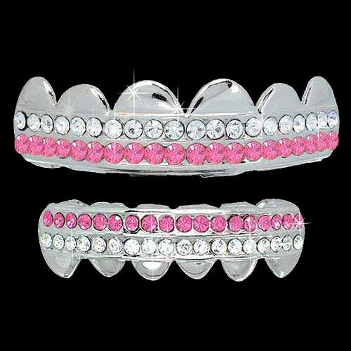 White / Pink Double Deck Iced Out Silver Grillz Hip Hop Grills TOP & BOTTOM TEETH COMBO