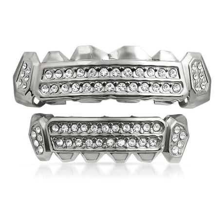 YELLOW / CLEAR Double Bar SILVER Iced Out Grillz Hip Hop Bling Grills BOTTOM