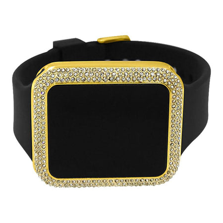 LED Digital Round Face Gold Bling Watch Black Band