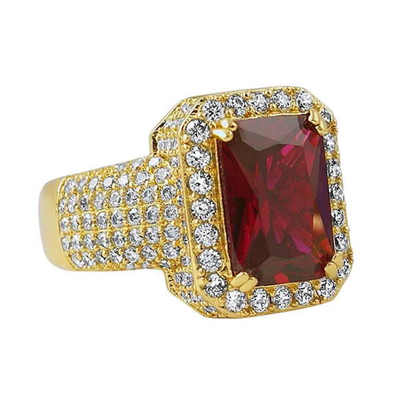 Rick Ross Style Gold Iced Out Lab Ruby Bling Ring