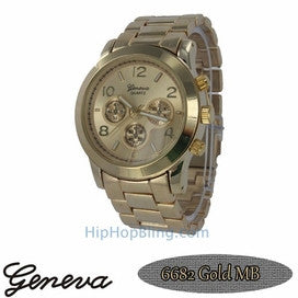 Gold 3 Rows Ice Under Glass Hip Hop Watch