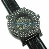 Custom Bezel Black Case Leather Bling Watch