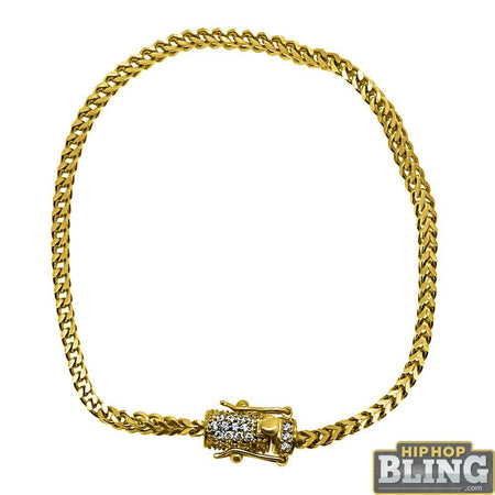 CZ Diamond Lock Gold Steel Cuban Bracelet 10MM