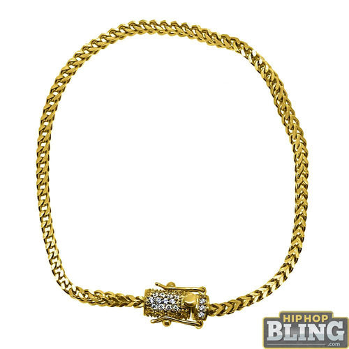CZ Diamond Lock 2.5MM Gold Steel Franco Bracelet