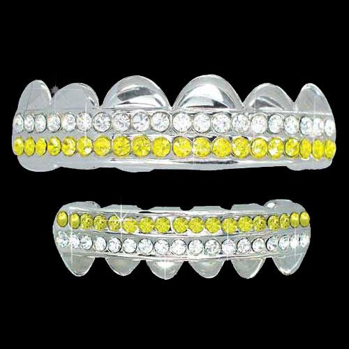 White / Yellow Double Deck Iced Out Silver Grillz Hip Hop Grills TOP & BOTTOM TEETH COMBO