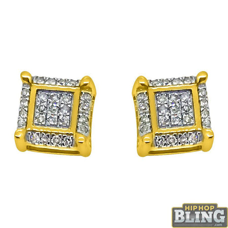 32 Stones Puffed Box Gold Vermeil CZ Micro Pave Earrings .925 Silver