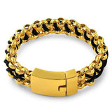 Rolo Greek Link Leather Woven Gold Steel Bracelet