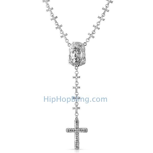 Jesus Piece Fully Bling Bling Cross Link Rosary Necklace