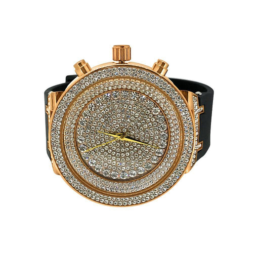 Rose Hip Hop Bling Bling Watch Black Rubber Strap