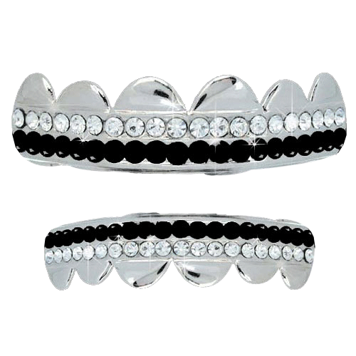 Black / White Double Row Bling Silver Grillz Top Bottom Set