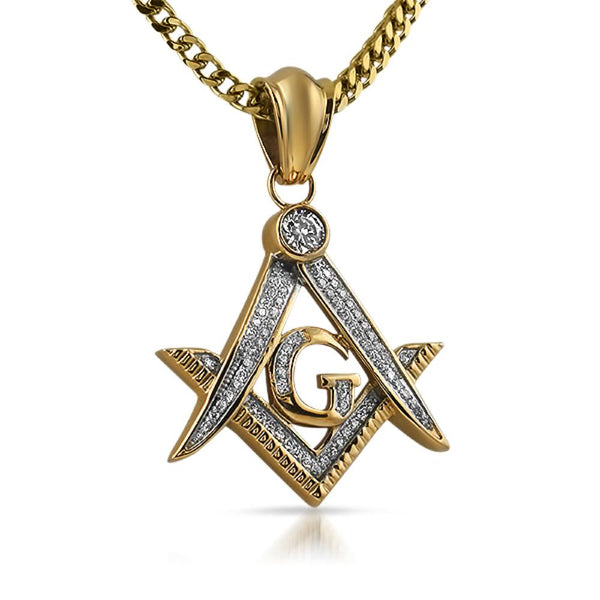 Gold Masonic Free Mason CZ Bling Pendant Steel