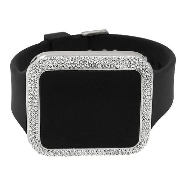 Bling Bling Silver Rectangle LED Touch Screen Watch Black Band