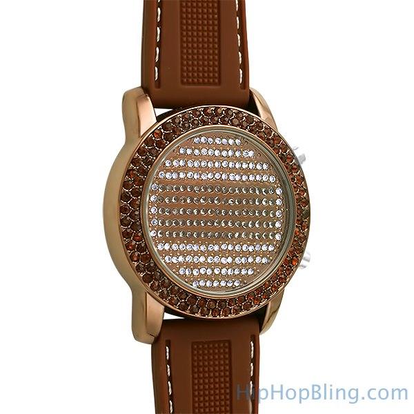 LED Digital Round Face All Brown Bling Watch