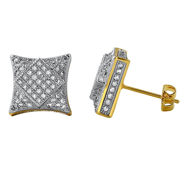 3D Square in Kite Gold CZ Micro Pave Bling Earrings