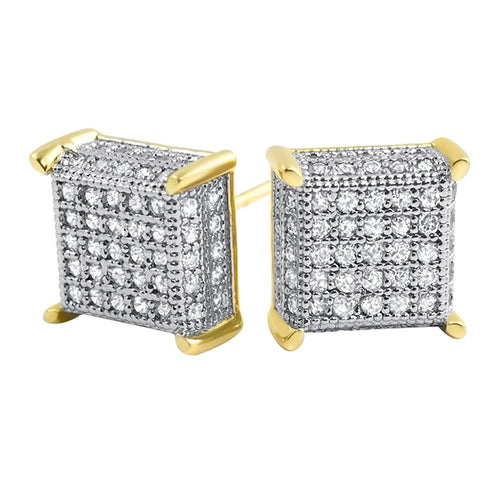 3D Cube CZ Gold Micro Pave Iced Out Earrings