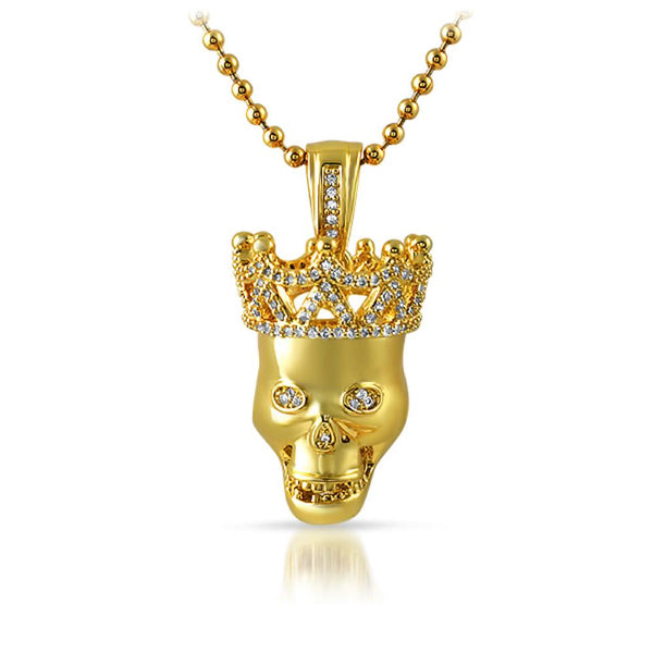 Gold Skull Polished with 3D CZ Crown Pendant