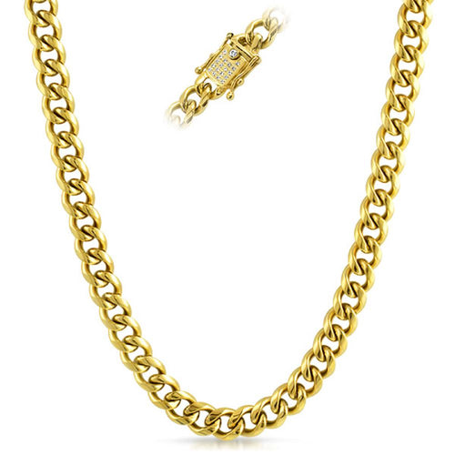 CZ Clasp 10MM Cuban Chain Gold Stainless Steel