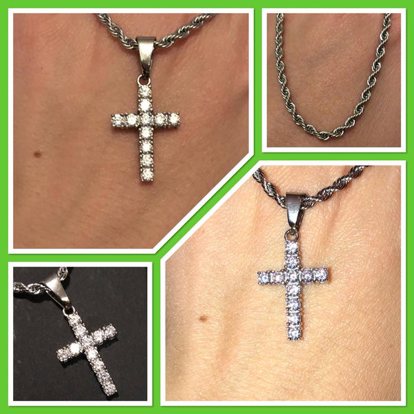 3MM CZ Tennis Cross Bling Bling Stainless Steel