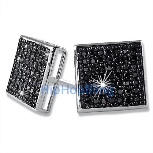 XL Box Black CZ Micro Pave Iced Out Earrings .925 Silver