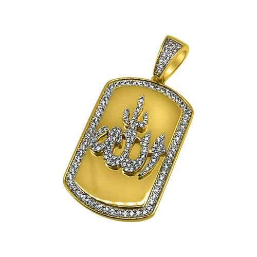 .925 Silver Allah Dog Tag Gold Bling Bling Pendant