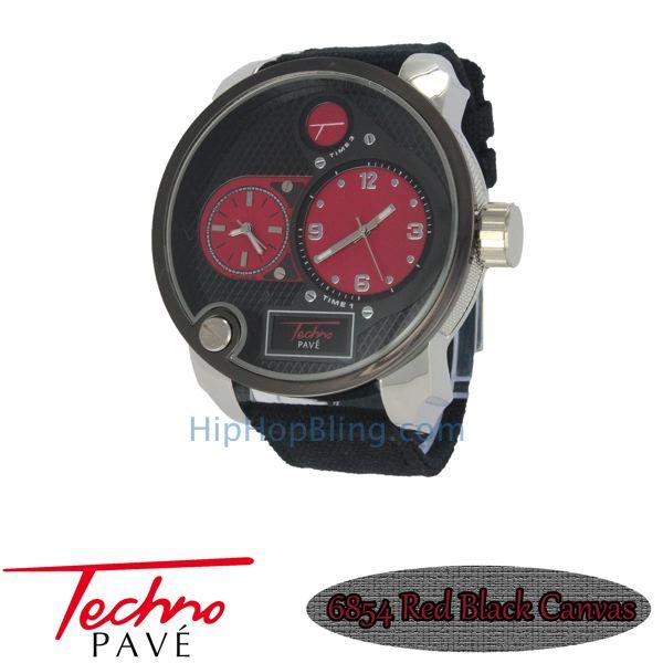 Red Dual Time Zone Silver Watch Black Canvas Band