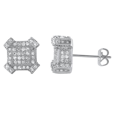 3D Square in Circle Rhodium CZ Bling Bling Earrings